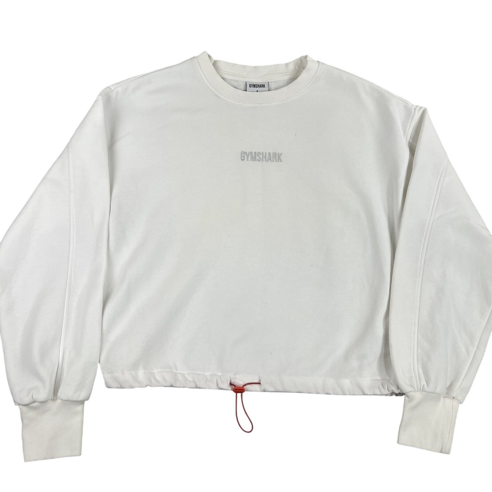 Gymshark Cropped Sweatshirt S White Fleece Pullover Cinch Hem Womens Athletic
